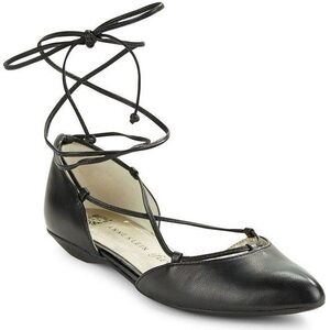 Anne Klein Flex Black Leather D’Orsay Pointed Toe Lace Up Ballet Flats